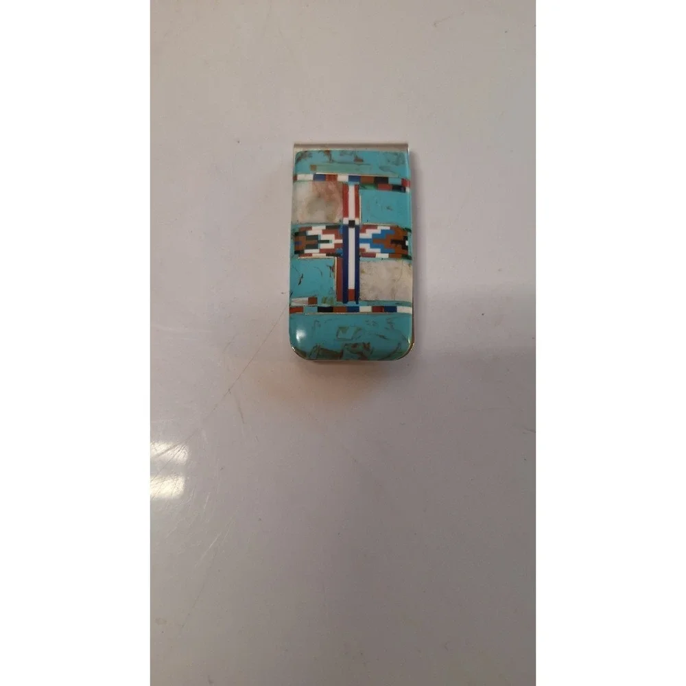 STERLING SILVER TURQUOISE MONEY CLIP NATIVE AMERICAN MULTI STONE INLAY
